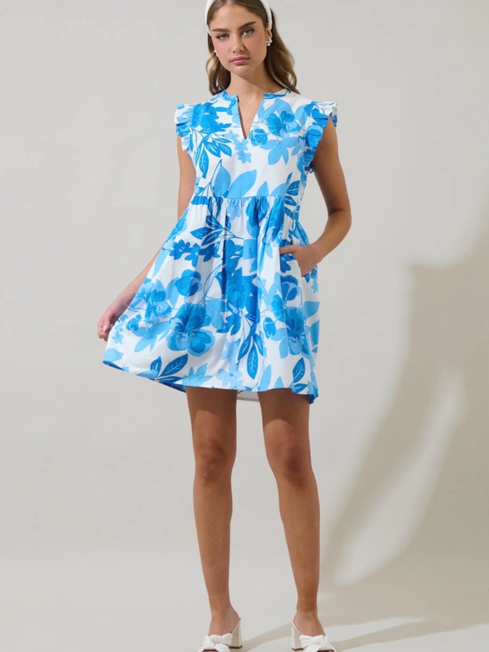 Sugarlips White Mini Dress with Blue Floral Print